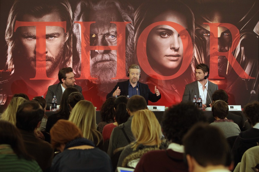 Chris Hemsworth and Kenneth Brannagh attend "Thor" press conference at the Hassler Hotel on April 15, 2011 in Rome, Italy.