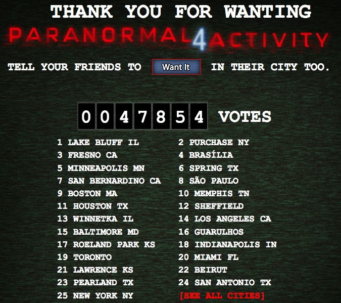 Paranormal Activity 4's Facebook App displays city ranking in realtime