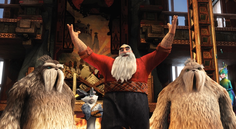 North (Alec Baldwin, center), along with Bunnymund (Hugh Jackman, rear center), Tooth (Isla Fisher, rear right) and two of his Yettis welcome Jack Frost (Chris Pine, not featured) in DreamWorks Animation´s RISE OF THE GUARDIANS to be released by Paramount Pictures.