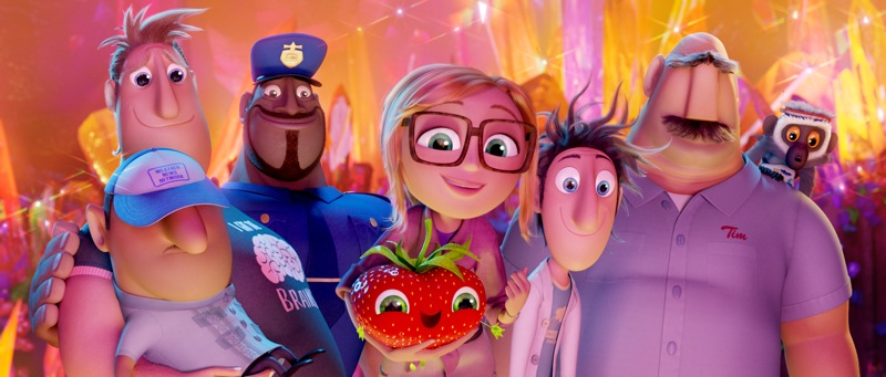 Manny (Benjamin Bratt), Brent (Andy Samberg), Earl (Terry Crews), Sam (Anna Faris), Barry, Flint (Bil Hader), Tim (James Caan) and Steve the Monkey (Neil Patrick Harris) in Sony Pictures Animation's CLOUDY WITH A CHANCE OF MEATBALLS 2.